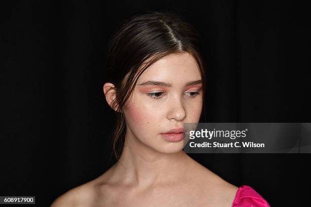 Models prepare backstage ahead of the Emilio De La Morena show during London Fashion Week Spring/Summer collections 2017 on September 20, 2016 in...
