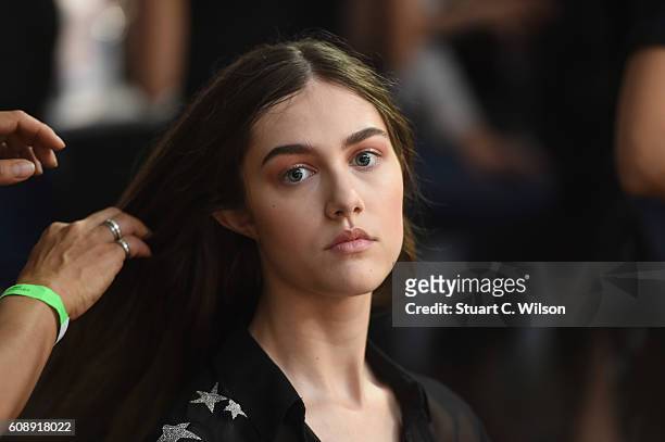 Models prepare backstage ahead of the Emilio De La Morena show during London Fashion Week Spring/Summer collections 2017 on September 20, 2016 in...