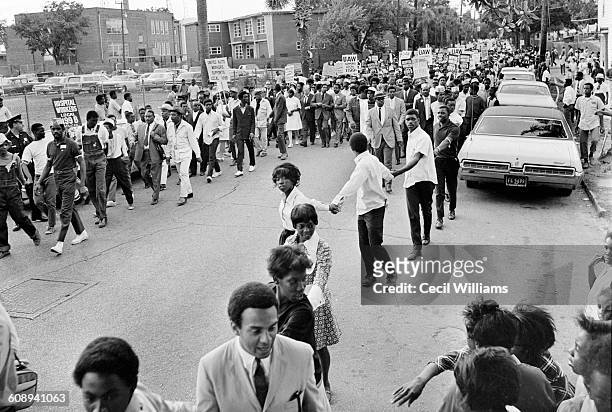 Elevated view of marchers during a Charleston Hospital Workers' strike against unfair wages practices towrads African American employees, Charleston,...
