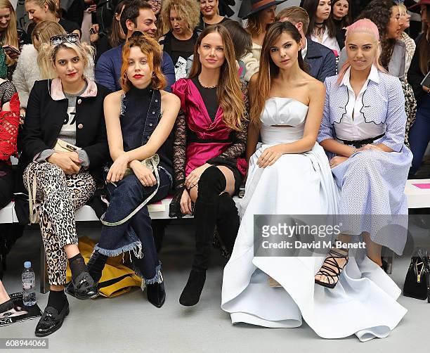 Camille Benett, Billie JD Porter, Alicia Rountree, Doina Ciobanu and Amber Le Bon attend the Emilio De La Morena show during London Fashion Week...