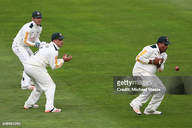Samit Patel of Nottinghamshire watched by Steven Mullaney and wicketkeeper Chris Read drops a chance at second slip from Peter Trego of Somerset off...