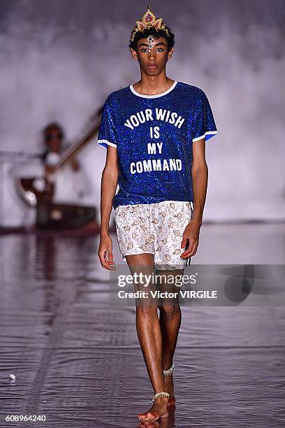 Model walks the runway at the Ashish show during London Fashion Week Spring/Summer collections 2016/2017 on September 19, 2016 in London, United...