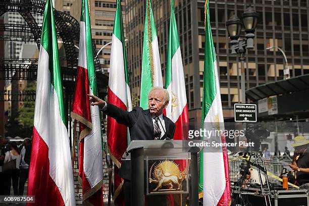 Joseph Lieberman, a former United States Senator from Connecticut, speaks during a protest against the Iranian regime outside of the United Nations...