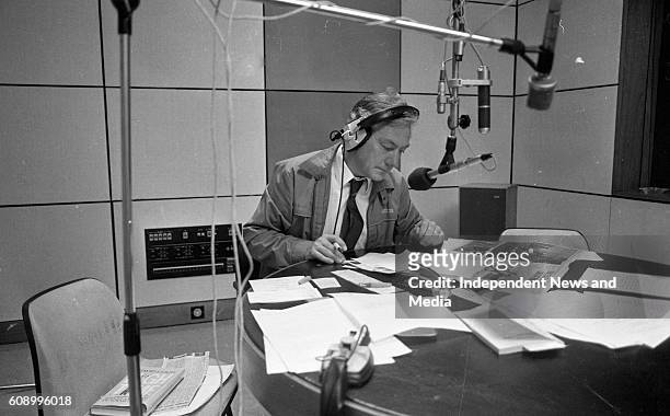 Broadcaster Gay Byrne on the air from Studio 5 in RTE's Radio Complex in Donnybrook, Dublin, .