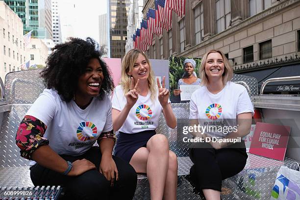 Akilah Hughes, MJ Delaney and Estee Lalonde give an interview on top of the 2016 Global Goals Girls Bus on September 20, 2016 in New York City.