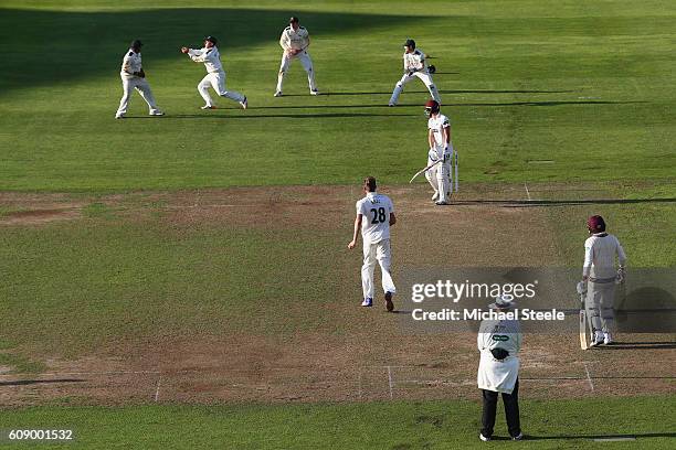 Ryan Davies of Somerset is caught by Steven Mullaney at second slip off the bowling of Jake Ball of Nottingham during day one of the Specsavers...