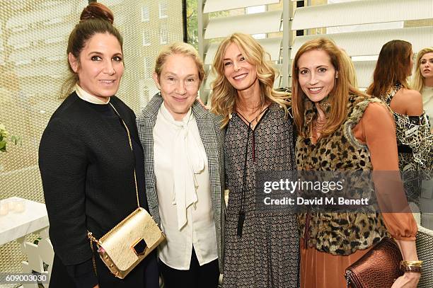 Elizabeth Saltzman, Justine Picardie, Kim Hersov and Dana Gers attend the Jimmy Choo 20th Anniversary and Pret-a-Portea book launch at The Berkeley...