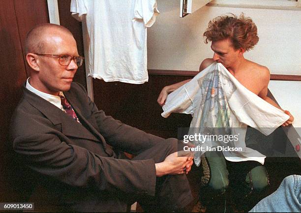 Vince Clarke and Andy Bell of Erasure in a dressing room backstage in Gdansk, Poland 1991.