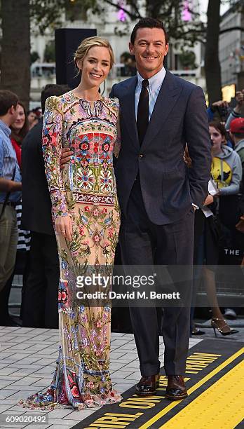 Emily Bunt and Luke Evans attend the World Premiere of "The Girl On The Train" at Odeon Leicester Square on September 20, 2016 in London, England.