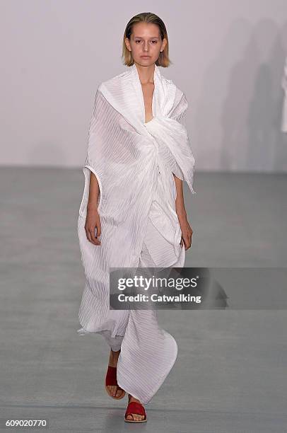 Model walks the runway at the Sid Neigum Spring Summer 2017 fashion show during London Fashion Week on September 20, 2016 in London, United Kingdom.
