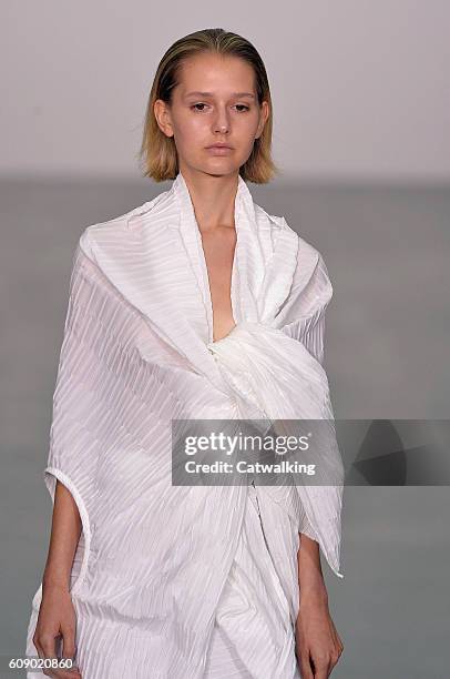 Model walks the runway at the Sid Neigum Spring Summer 2017 fashion show during London Fashion Week on September 20, 2016 in London, United Kingdom.