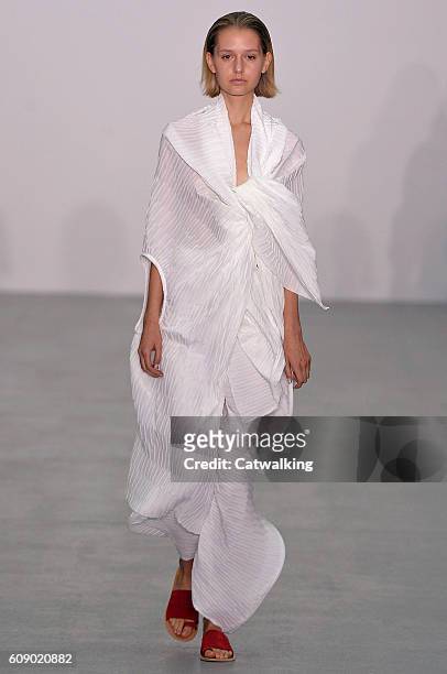 Model walks the runway at the Sid Neigum Spring Summer 2017 fashion show during London Fashion Week on September 20, 2016 in London, United Kingdom.