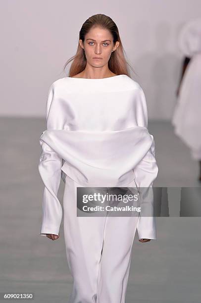 Model walks the runway at the Sid Neigum Spring Summer 2017 fashion show during London Fashion Week on September 20, 2016 in London, United Kingdom.