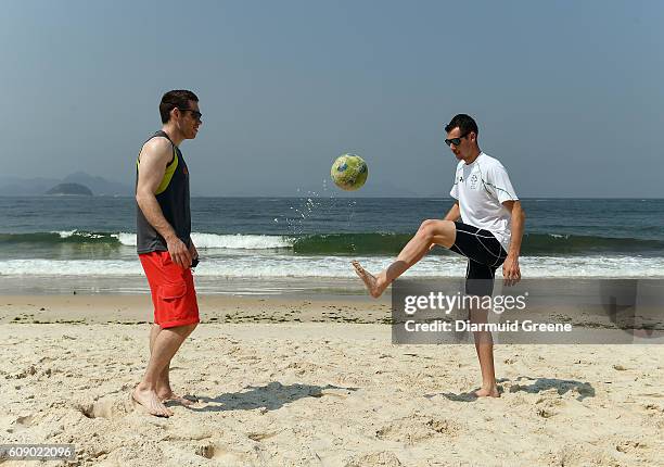 Rio , Brazil - 18 September 2016; Jason Smyth, left, and Michael McKillop of Ireland play football on the Copacabana beach where they gathered to...