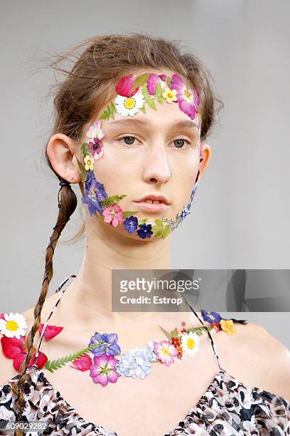 Hairstyle and Make-up detail at the Preen by Thornton Bregazzi show during London Fashion Week Spring/Summer collections 2017 on September 18, 2016...