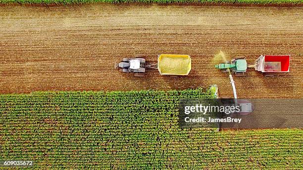 máquinas agrícolas cosechando maíz en septiembre, visto desde arriba - región central de eeuu fotografías e imágenes de stock
