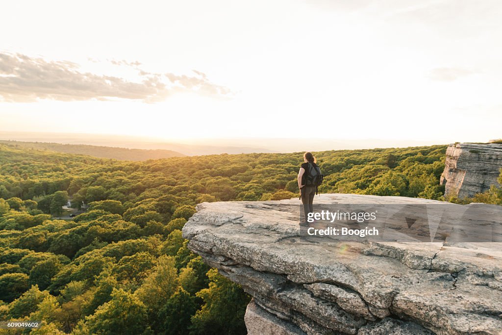 Wanderlust Adventure Hiking Woman Enjoys Sunset Catskills Mountain View NY