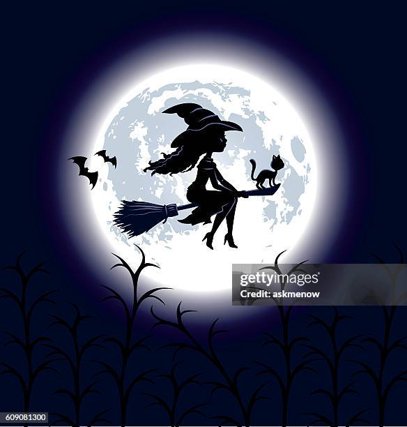 halloween witch silhouette - witch flying on broom stock illustrations