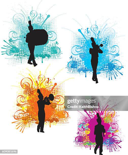 marching band designs - silhouette background - marching band instruments vector stock illustrations