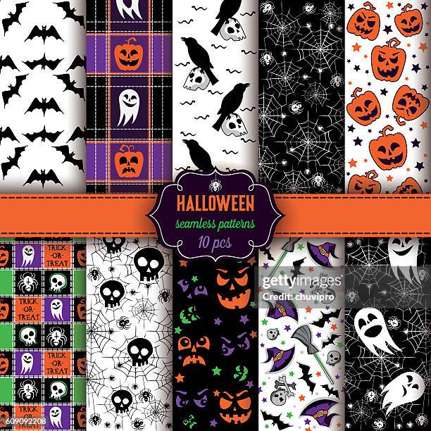 set of ten halloween seamless patterns - funfair lights stock illustrations