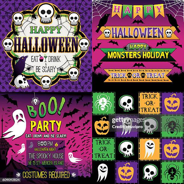 halloween set of frame, ribbons, invitation and seamless pattern - pumpkin cake stock illustrations