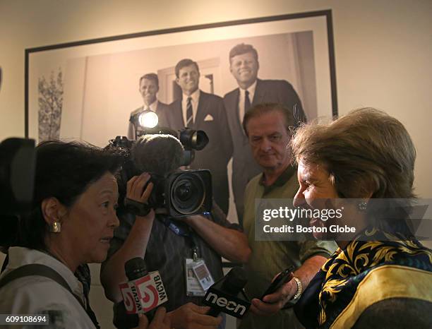 Kathleen Kennedy Townsend, daughter of Ethel Kennedy, speaks to the media before a ceremony to announce the next ship in the next generation of fleet...