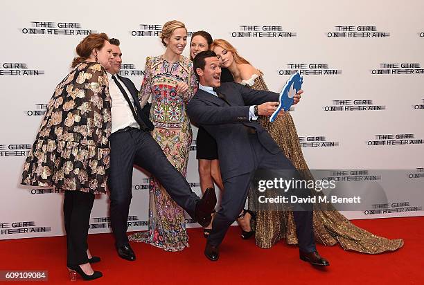 Paula Hawkins, Tate Taylor, Emily Blunt, Rebecca Ferguson, Luke Evans and Haley Bennett attend the World Premiere of "The Girl On The Train at Odeon...