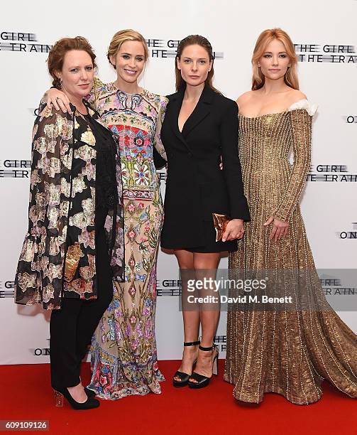Paula Hawkins, Emily Blunt, Rebecca Ferguson and Haley Bennett attend the World Premiere of "The Girl On The Train at Odeon Leicester Square on...