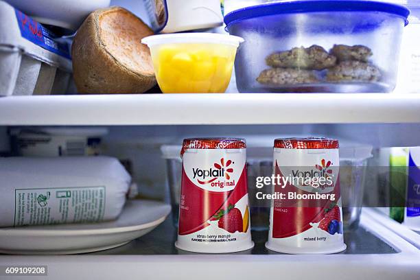 General Mills Inc. Yoplait brand yogurt is arranged for a photograph in Tiskilwa, Illinois, U.S., on Tuesday, Sept. 20, 2016. General Mills Inc. Is...