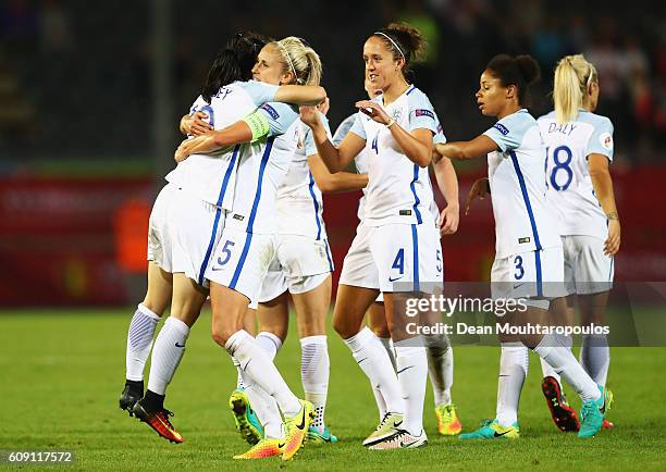 Karen Carney of England celebrates scoring her teams second goal of the game with team mates during the UEFA Women's Euro 2017 Qualifier between...