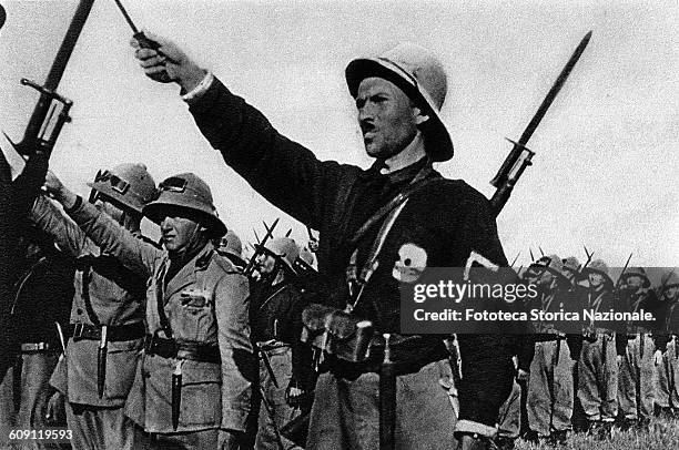 Ethiopia, War in East Africa. Arrival of legionaries black shirts on African soil. The roman salute with dagger, rifle and bayonet on his shoulder....