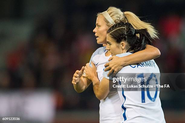 Rachel Daly of England and Karen Carney of England celebrate the second goal of Carney during the UEFA Women's Euro 2017 qualification match between...