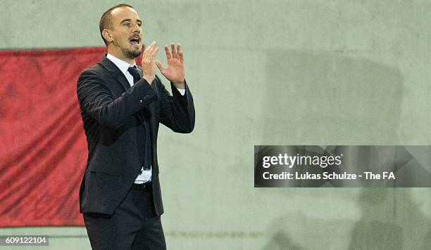 Head Coach Mark Sampson of England reacts during the UEFA Women's Euro 2017 qualification match between Belgium and England at Stadion OHL on...