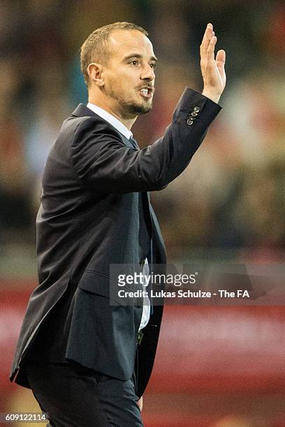 Head Coach Mark Sampson of England gestures during the UEFA Women's Euro 2017 qualification match between Belgium and England at Stadion OHL on...