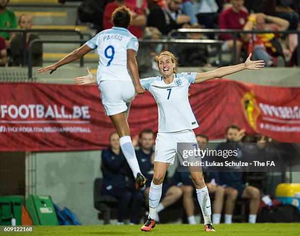 Nikita Parris of England celebrate scoring the first goal with Jill Scott of England during the UEFA Women's Euro 2017 qualification match between...