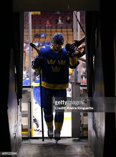 Loui Eriksson of Team Sweden leaves the ice after warm up prior to a game against Team Finland during the World Cup of Hockey 2016 at Air Canada...