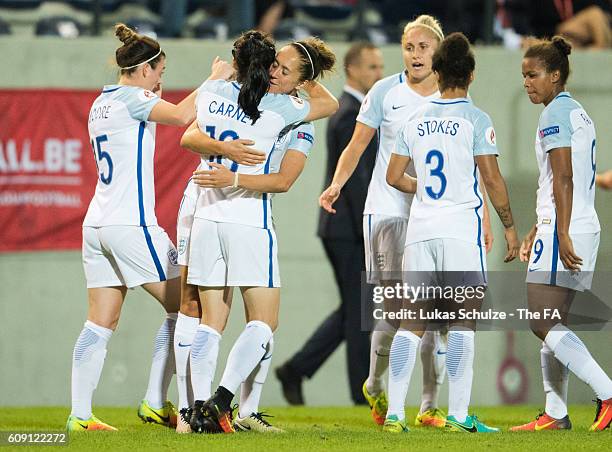 Teammates of England celebrate the first goal of Nikita Parris of England during the UEFA Women's Euro 2017 qualification match between Belgium and...