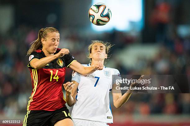 Lenie Onzia of Belgium and Jill Scott of England in action during the UEFA Women's Euro 2017 qualification match between Belgium and England at...