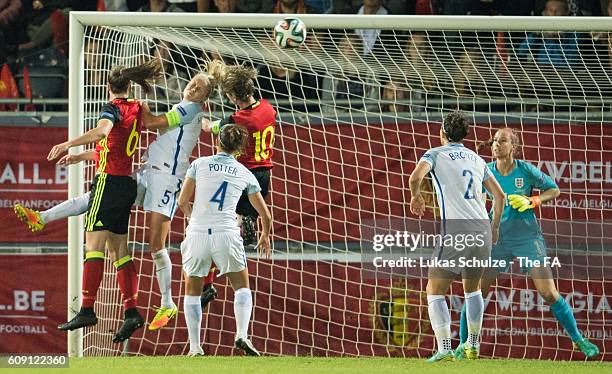 Tine De Caigny of Belgium, Stephanie Houghton of England and Aline Zeler of Belgium in action during the UEFA Women's Euro 2017 qualification match...