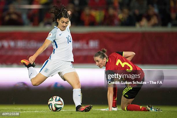 Karen Carney of England scores the 2:0 goal during the UEFA Women's Euro 2017 qualification match between Belgium and England at Stadion OHL on...