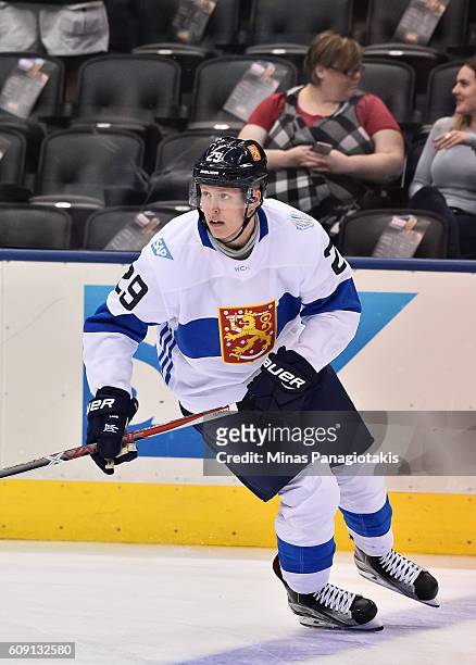Patrik Laine of Team Finland warms up prior to a game against Team Sweden during the World Cup of Hockey 2016 at Air Canada Centre on September 20,...