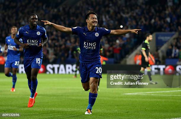 Shinji Okazaki of Leicester City celebrates scoring his and his sides second goal during the EFL Cup Third Round match between Leicester City and...