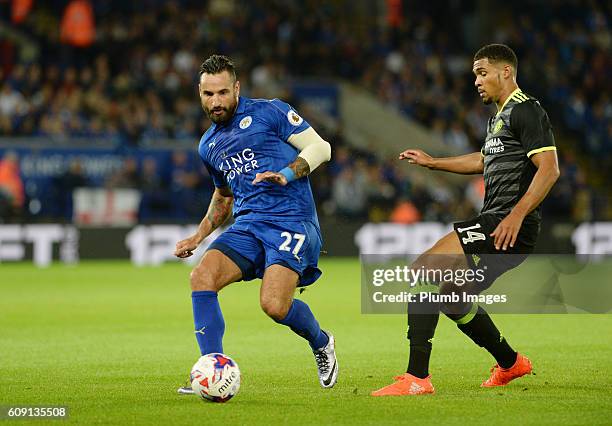 Marcin Wasilewski of Leicester City in action with Ruben Loftus-Cheek during the EFL third round cup match between Leicester City and Chelsea at the...