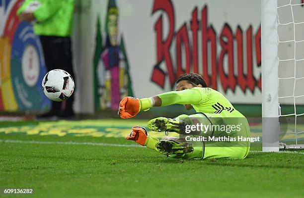 Goalkeeper Rene Adler of Hamburg misses to save the ball before the first goal of Nils Petersen of Freiburg during the Bundesliga match between SC...