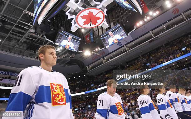 Aleksander Barkov of Team Finland lines up prior to the game against Team Sweden during the World Cup of Hockey 2016 at Air Canada Centre on...