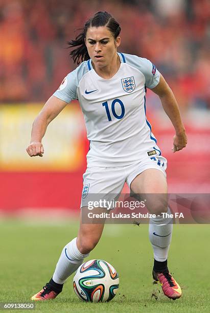 Karen Carney of England in action during the UEFA Women's Euro 2017 qualification match between Belgium and England at Stadion OHL on September 20,...