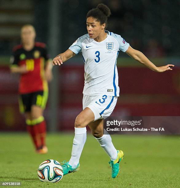 Demi Stokes of England in action during the UEFA Women's Euro 2017 qualification match between Belgium and England at Stadion OHL on September 20,...