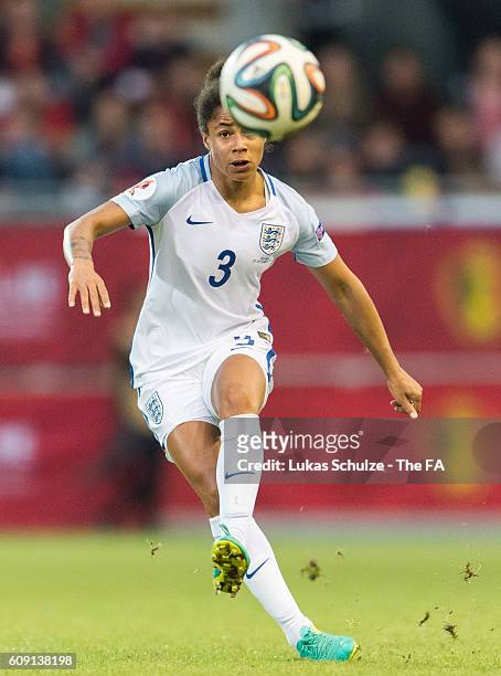 Demi Stokes of England in action during the UEFA Women's Euro 2017 qualification match between Belgium and England at Stadion OHL on September 20,...