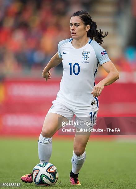 Karen Carney of England in action during the UEFA Women's Euro 2017 qualification match between Belgium and England at Stadion OHL on September 20,...