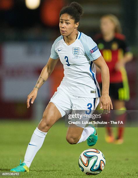 Demi Stokes of England in action during the UEFA Women's Euro 2017 qualification match between Belgium and England at Stadion OHL on September 20,...